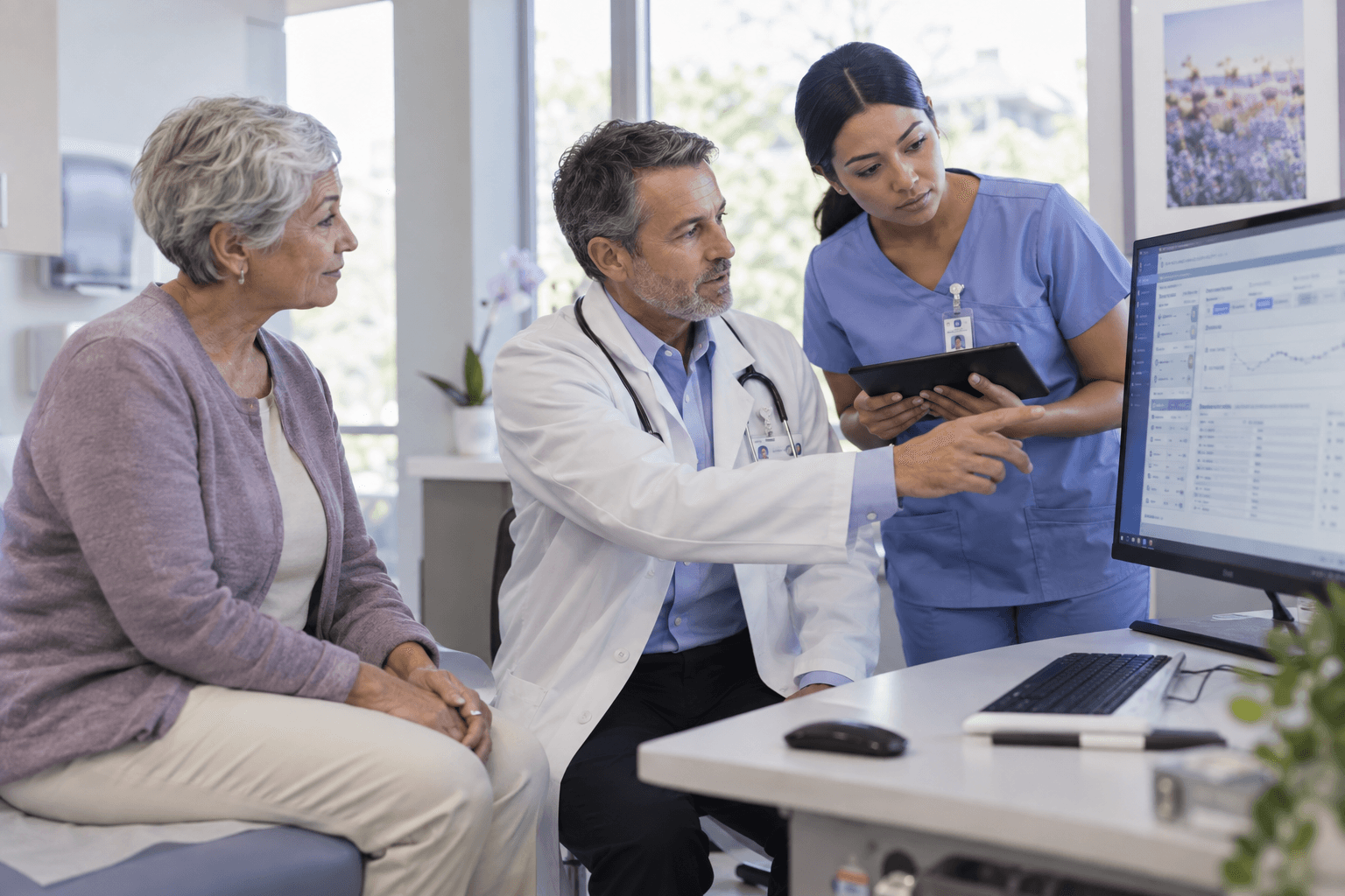 Illustrative scene of a physician and nurse reviewing a digital care record with a patient